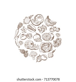 Vector sketched hand drawn vegetables and fruits illustration in rounded shape form isolated on white background