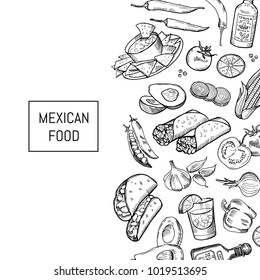 Vector sketched mexican food elements background with place for text illustration