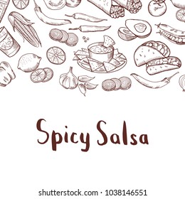 Vector sketched mexican food elements background with place for text illustration