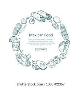Vector sketched mexican food elements in form of circle with place for text in center. Mexico meal tasty, food drawing chili and burrito, nachos and pepper illustration