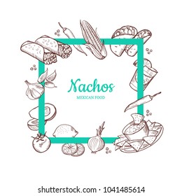 Vector sketched mexican food elements flying around bold empty frame illustration