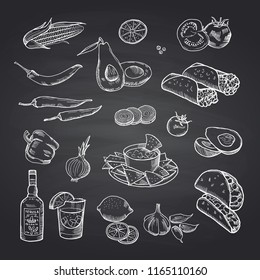 Vector sketched mexican food elements set on black chalkboard. Illustration of mexican food, burrito and taco drawing