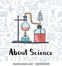 Vector sketched science or chemistry elements composition with lettering on science elements background illustrationt