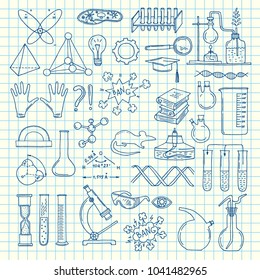 Vector sketched science or chemistry elements set on cell sheet illustration