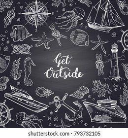 Vector sketched sea elements on chalkboard background with place for text. Sea travel chalkboard sketch, marine starfish and drawing seaweed illustration