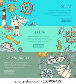 Vector sketched sea horizontal banner poster of set templates illustration
