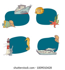 Vector sketched sea stickers set isolated om white backgorund illustration