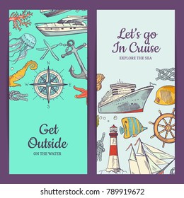 Vector sketched sea vertical banner templates. Banner with sketch marine travel, ocean poster illustration