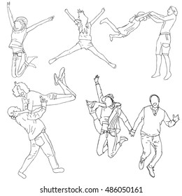 Vector sketched set of outline people jumping in doodle style. Concept of happy, love, activity and joy
