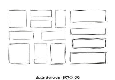 Vector sketched squares, blank drawings, frames isolated on white background, black lines, rectangular and square shapes.