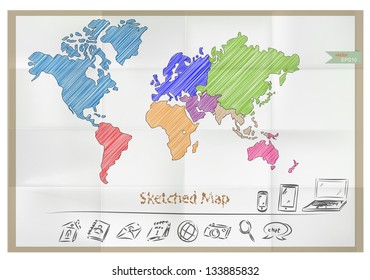 Vector sketched world map and icons on crumpled paper