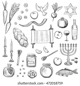 
Vector sketches attributes celebration of Rosh Hashanah , the traditional food 