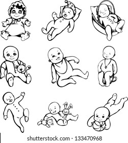 Vector sketches of babies. Set of black and white illustrations.