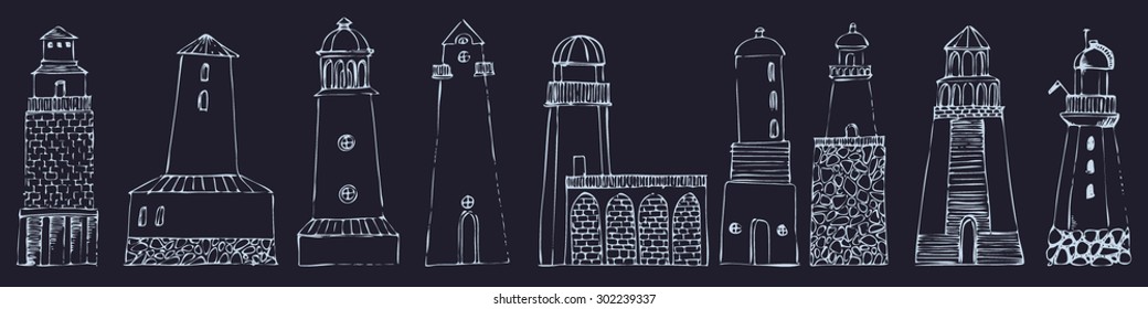 vector sketches of buildings of varying architecture lighthouses