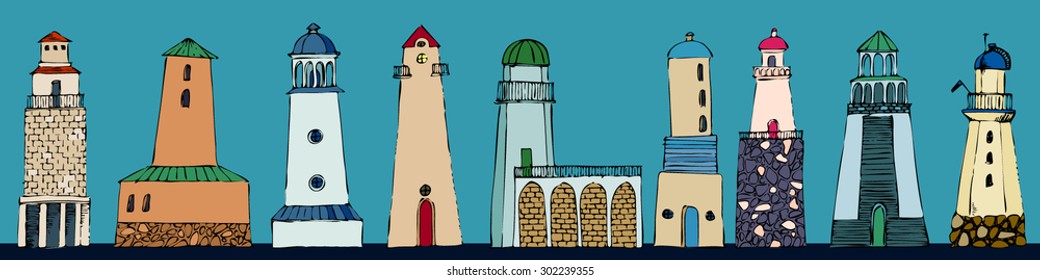 vector sketches of buildings of varying architecture lighthouses