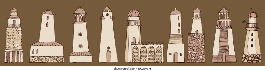 vector sketches of buildings of varying architecture lighthouses
