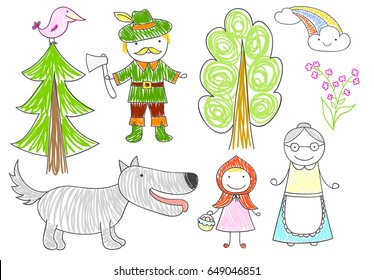 Vector sketches with characters of "Little red riding hood"  fairy-tale - wolf, grandmother, girl and woodcutter. Kid drawing in doodle style. EPS8