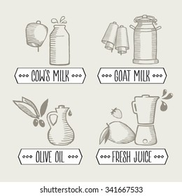 Vector sketches - cows and goats milk - olive oil - fresh juice