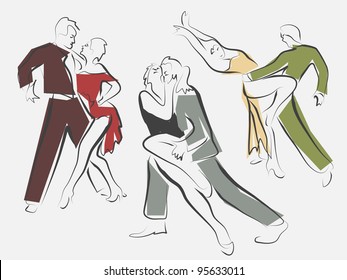 Vector sketches of dancing couples in line style.