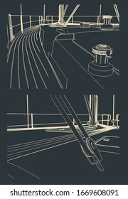 Vector sketches of the deck, winch and tackle of a sailing yacht closeup