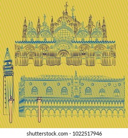 Vector sketches of the Doges' Palace, St. Mark's Basilica, Saint Mark Campanile and the Columns of San Marco and San Teodoro. A set of outline illustrations of the architectural masterpieces of Venice