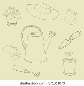 Vector sketches garden utensils. Lake, horticultural gloves, shovel, rake, sun hat, a bag of seeds and pots with plants