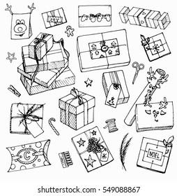 Vector sketches of gift wrapping on white background.