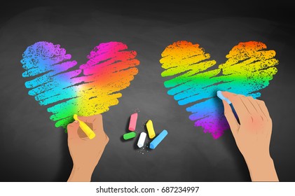 Vector sketches of hands drawing rainbow colored hearts with chalk on blackboard background.