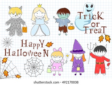 Vector sketches with happy children in Halloween masks. Sketch on notebook page in doodle style. Inscriptions Happy Halloween and Trick or Treat
