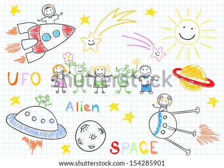 Vector sketches with happy children's and aliens. Sketch on notebook page
