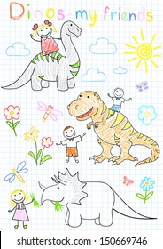 Vector sketches happy children's and dinosaurs. Sketch on notebook page