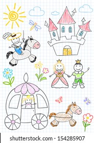 Vector sketches with happy princes and princesses. Sketch on notebook page