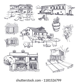Vector sketches of the island of Corfu (Greece). The architecture of villas and hotels, beach, umbrellas and sun beds, plants. Hand drawn illustration.