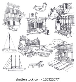 Vector sketches of the island of Corfu (Greece). The architecture of villas and hotels, beach, yacht and sun beds. Hand drawn illustration.