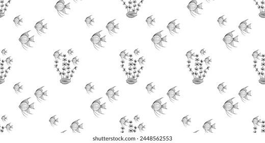 Vector sketches of a linear pattern with coral fish and algae.Pattern for print,decor,design,backgrounds,web