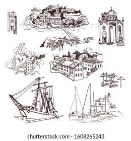 Vector sketches of Montenegro (Budva, San Stefan). Hand drawn old streets, ships and boats. Beautiful city views from above. Sea ​​vacation.