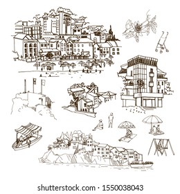 Vector sketches of Montenegro (Petrovac, San Stefan). The architecture of villas and hotels, umbrellas and sun beds, 
boats, people on the beach, flora.
Vacation with children. Hand drawn illustration