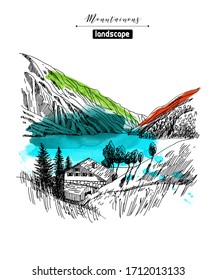 Vector sketches of mountain landscapes, mountain lake and mountain village. Hand drawn illustration. 