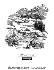 Vector sketches of mountain landscapes and mountain village. Hand drawn illustration. 