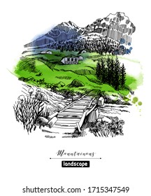 Vector sketches of mountain landscapes and mountain village. Hand drawn illustration. 