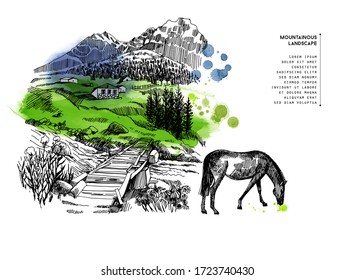 Vector sketches of mountain landscapes and mountain village. Hand drawn illustration. 