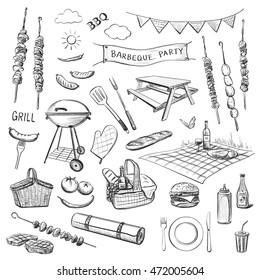 
Vector sketches on a white background. Attributes for a barbecue party 
