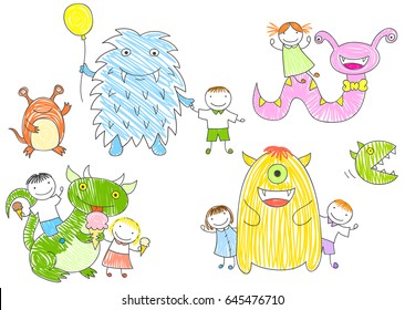 Vector sketches with playing children and cute monsters. Kid drawing in doodle style