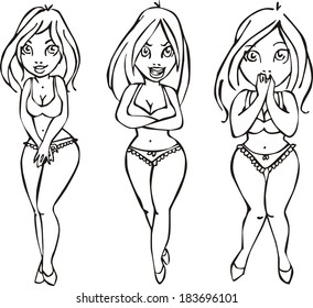 Vector sketches of pretty girls. Set of black and white illustrations.