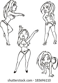 Vector sketches of pretty girls. Set of black and white illustrations.