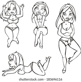 Vector sketches of pretty girls. Set of black and white illustrations.