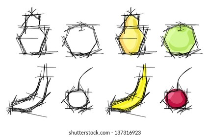 Vector sketches set of fruits, such as apple, cherry, banana and pear. Black and white and colorful variants