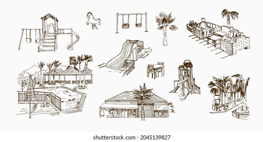 Vector sketches of  a Turkish resort. Kemer. The architecture of hotels, playgrounds with slides and swings, swimming pool, landscape elements. Hand drawn illustration.