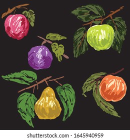 Vector sketches of various ripe fruits