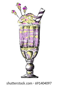 vector sketching glass with delicious ice cream